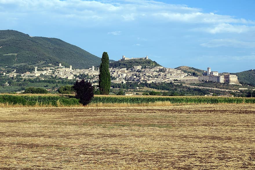 поле, городок, холмы, ферма, сельхозугодий, пахотные земли, пейзаж, сельская местность, город холмов, декорации, Assisi