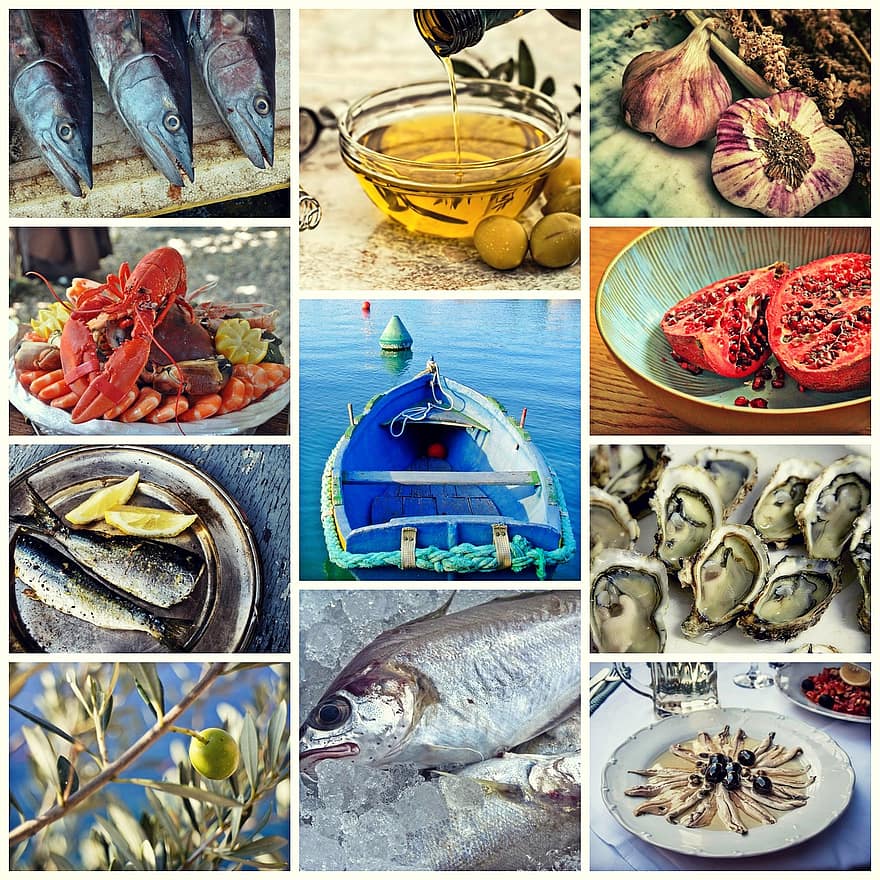 kollaasi, kalastaa, merenelävät, ruoka, syödä, kokki, Välimeren keittiö, kalastus, katkarapu, Mediteran, ravitsemus
