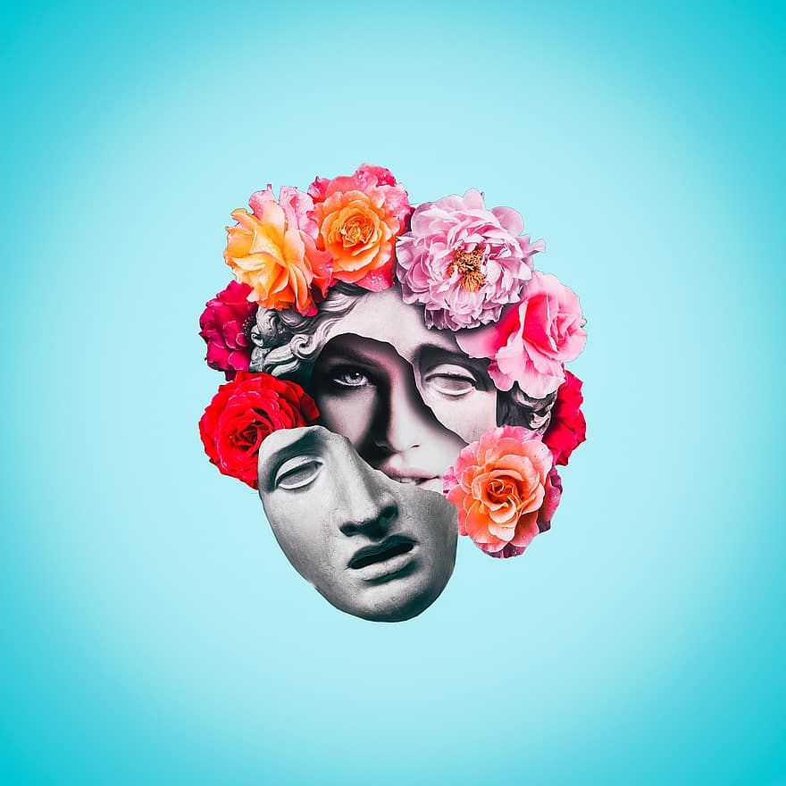 masca, flori, fată, femeie, față, sculptură, floare, femei, umane, bărbați, adult