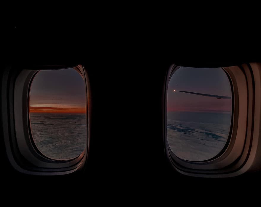 aereo, volo, tramonto, viaggio, nuvole