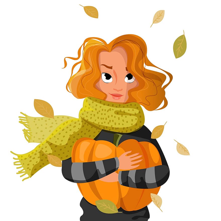 herfst, pompoen, meisje, oranje, oogst, groenten, helder, oktober, halloween, illustratie, figuur