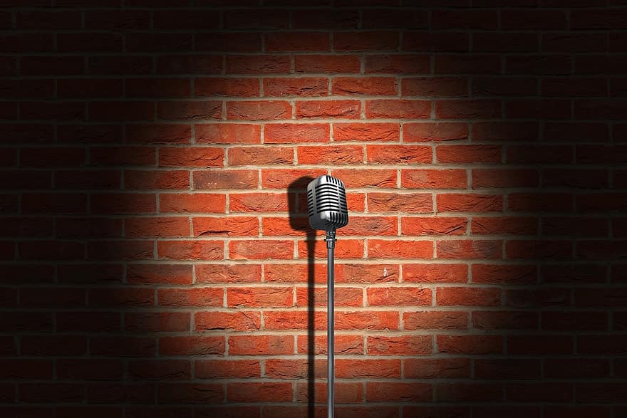mikrofon, årgang, murstens væg, retro, mic, scene, væg, skygge, lys, underholdning, koncert