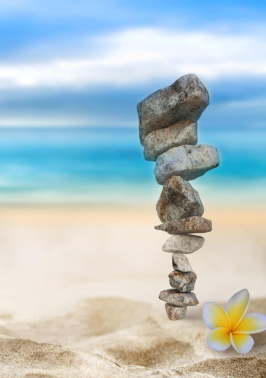 kövek, sziklák, egyensúly, virág, kiegyensúlyozott sziklák, kiegyensúlyozott kövek, homok, part, tengerpart, elmélkedés, zen