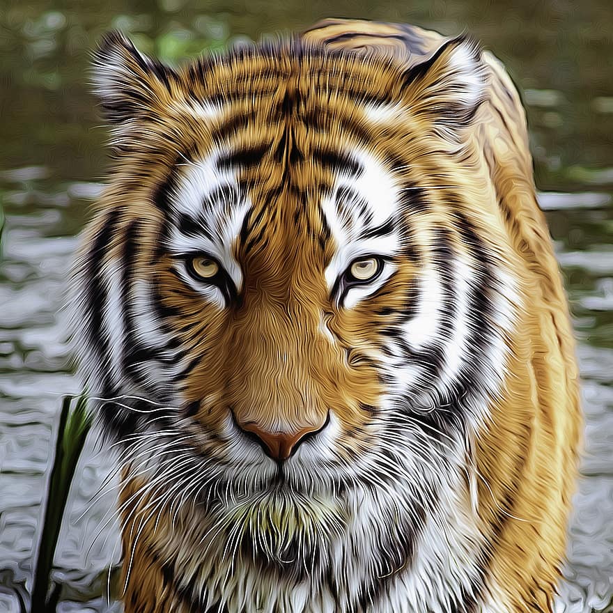 harimau, predator, kucing, berbahaya, hewan, margasatwa, mamalia, alam, licik, megah, lukisan minyak digital