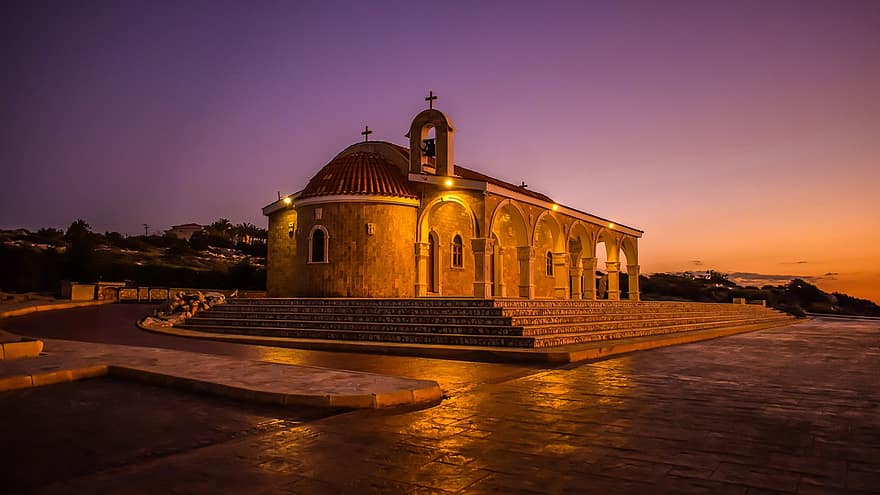 Agios Epifanios, kirkko, auringonlasku, arkkitehtuuri, rakennus, julkisivu, uskonto, hämärä, ayia napa, kuuluisa paikka, yö-