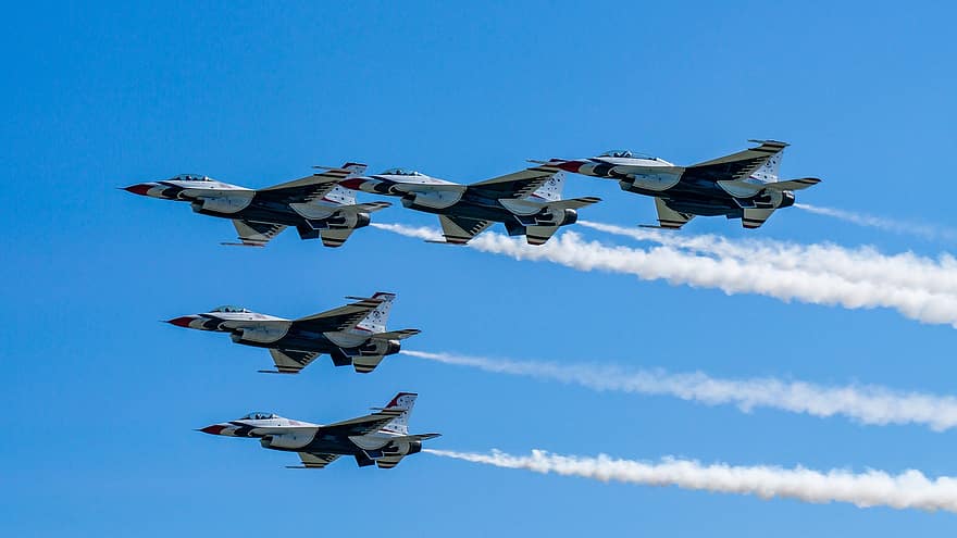 f-16, vliegtuig, luchtshow, vlucht, thunderbirds, Jet, jachtvliegtuigen, vorming, leger, luchtmacht, Amerikaanse luchtmacht