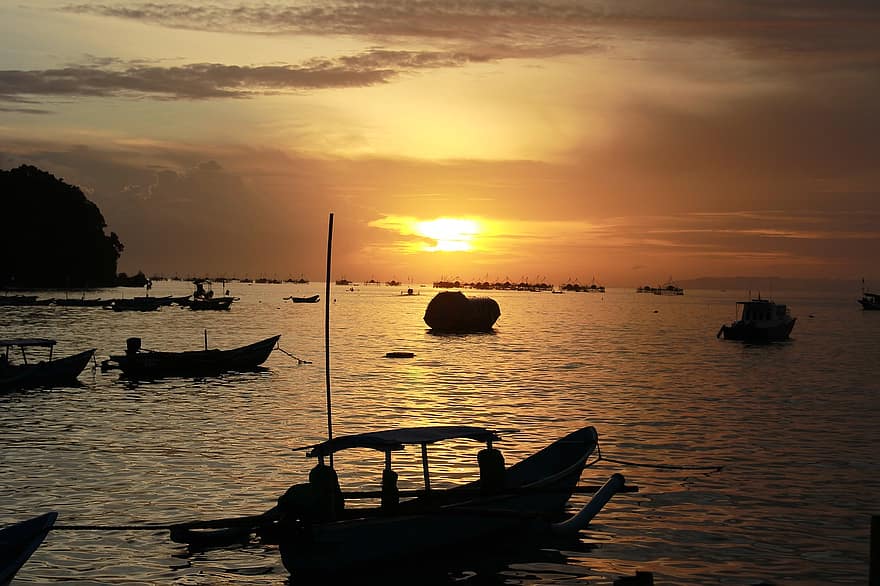 solopgang, hav, fiskerbåde, morgen, landskab, både, horisont, solnedgang
