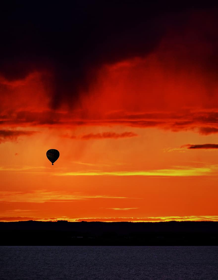 luftballong, solnedgång, ballong, sol-, flygande, himmel, kväll, skymning, distans, horisont, Sol