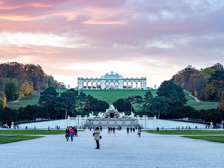 Schönbrunn, Palace, Park, Fountain, Gloriette, Wien, Vienna, Austria, österreich, Garden, Architecture