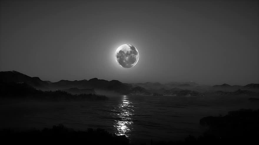 lună, cer de noapte, fantezie, alb-negru, tapet, natură, lună plină, noapte, lumina lunii, peisaj, amurg