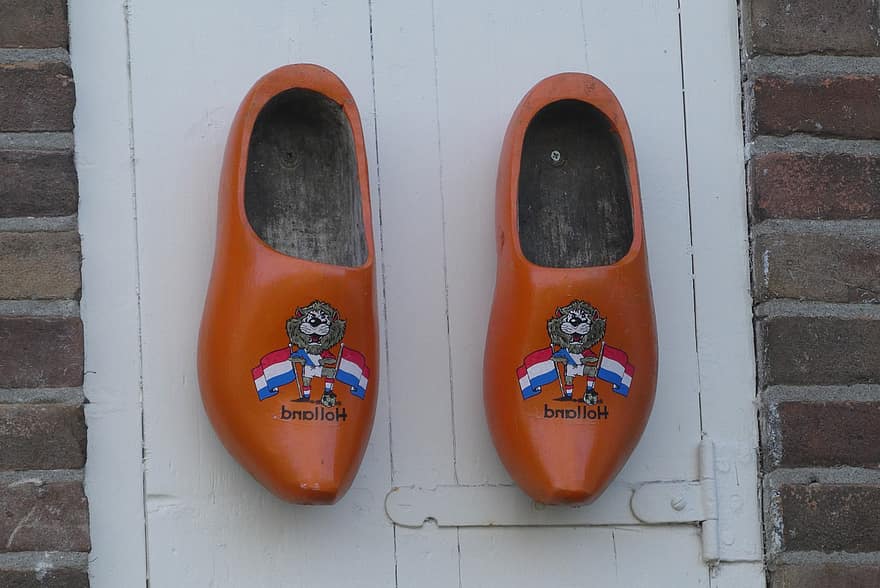 dřeváky, Nizozemí, boty, dřevěné boty, dřevo, oranžový, dekorace, holandské vlajky, kultur, starý, móda