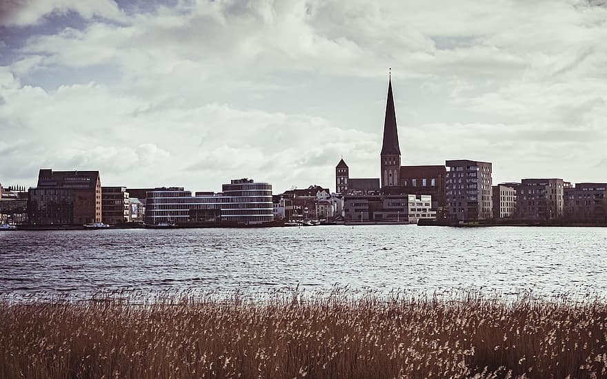 Rostock, Skyline, Sea, Wa, Water, Port, Clouds, Sky, Architecture