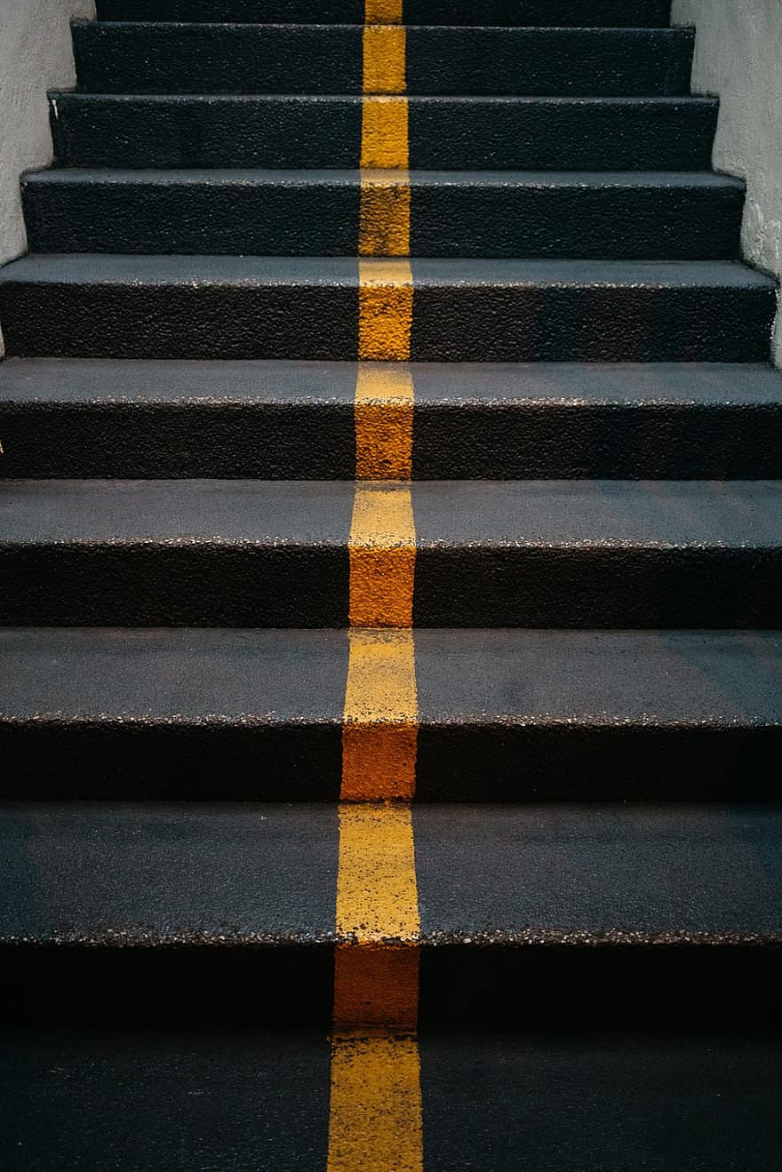 階段、ステップ、ライン、黄色い線、ゴール、見通し、未来、開発、成功、建物、石