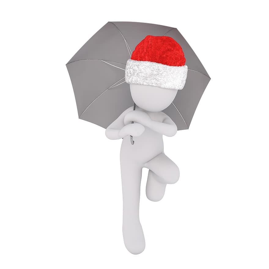 Boże Narodzenie, biały samiec, całe ciało, czapka Mikołaja, Model 3D, postać, odosobniony, parasol, deszcz, ekran, mokro