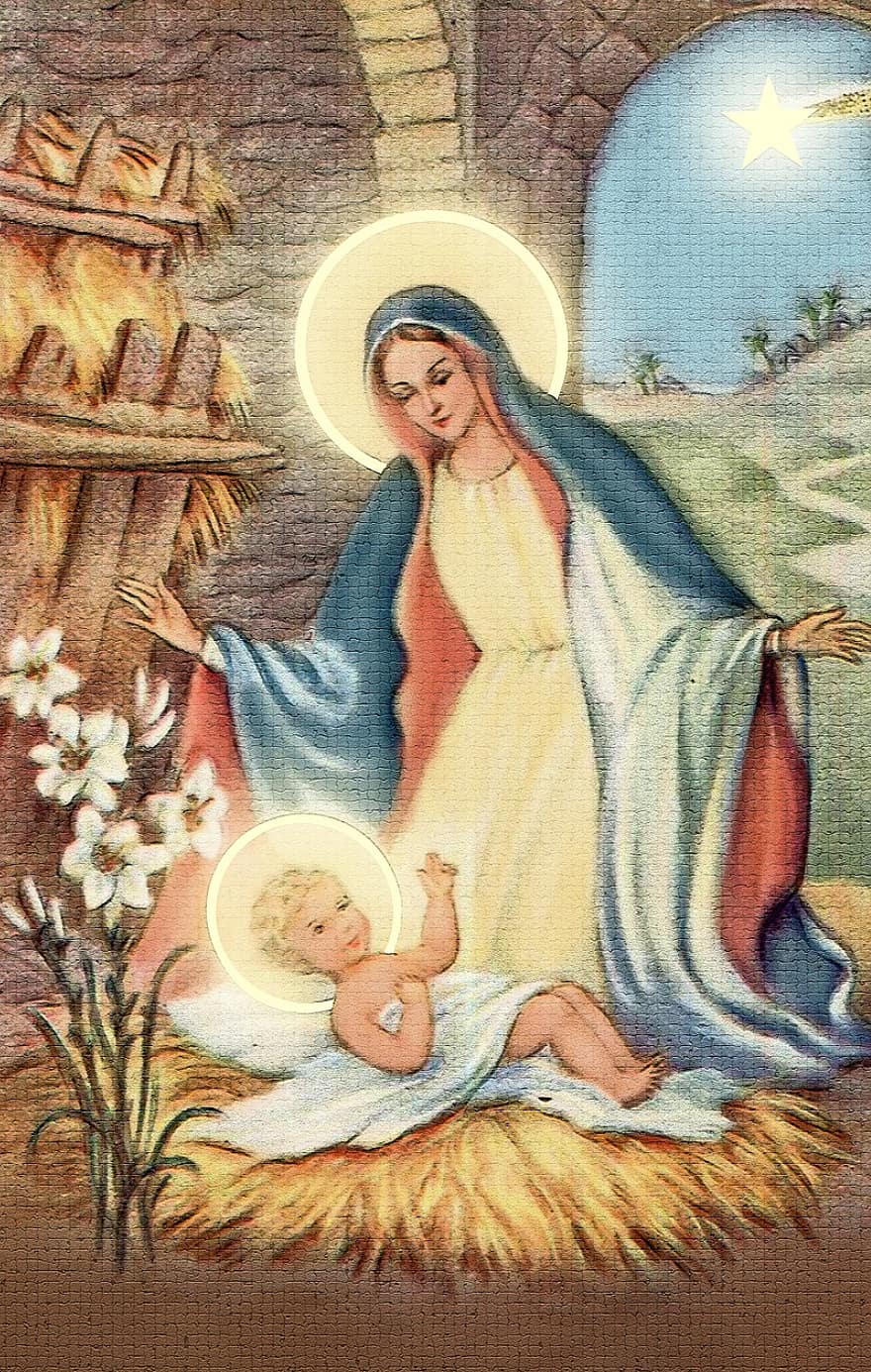 Christmas Card, Mary And Baby Jesus, Manger, Card, Mary, Christmas, Holidays, Scrapbooking, Design, Greetings, Nativity