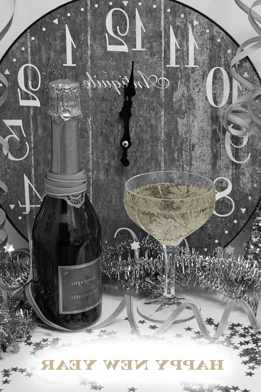 New Year's Eve, New Year's Greetings, Clock, Champagne, New Year, Abut, Drink, Alcohol, Celebrate, Festival, Sparkling Wine