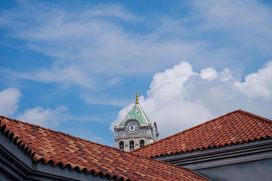 Clouds, Sky, Roof, Tower, Clock, Tiles, Phuquoc, architecture, christianity, building exterior, religion