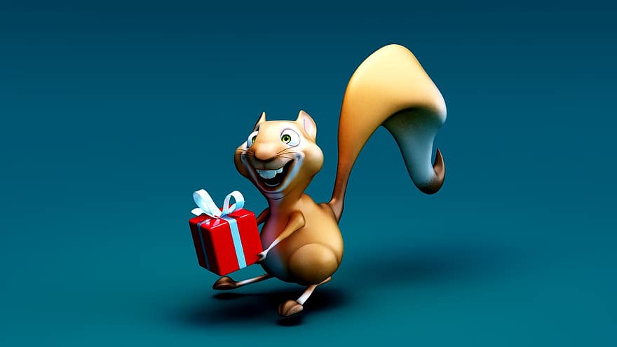 Happy Birthday, Squirrel, 3d, Cartoon, Gift, Christmas, illustration, cute, celebration, humor, characters