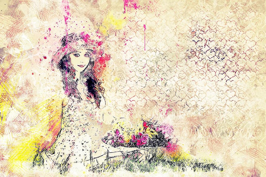 tyttö, istuva, kukat, taide, abstrakti, akvarelli, kollaasi, vuosikerta, onnellinen, kukkakimppu, luonto