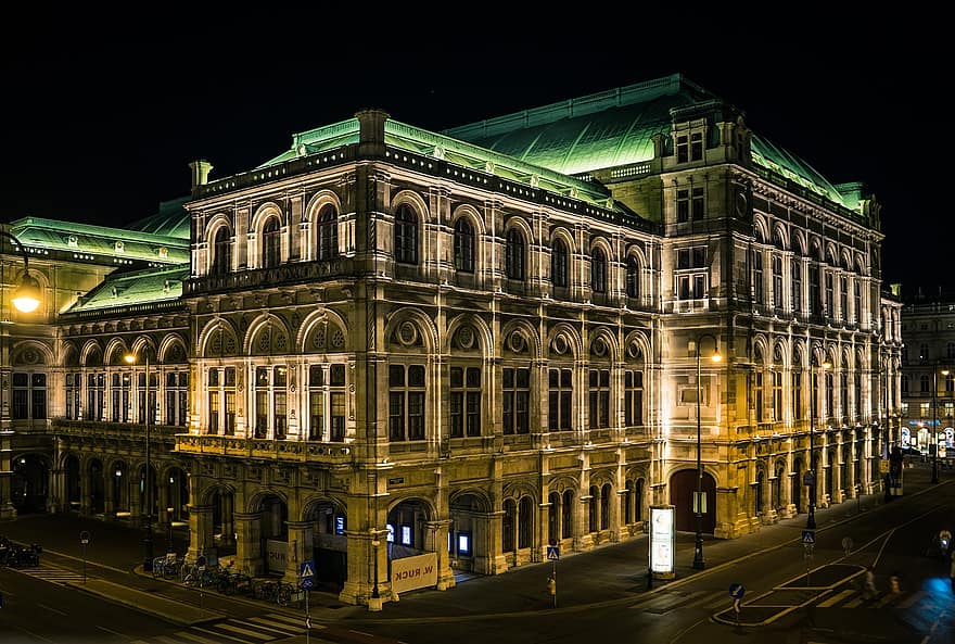 Bécs, állami opera, Ausztria, éjszaka, Operaház, Lámpák, megvilágított, tájékozódási pont, történelmi, színház, kultúra