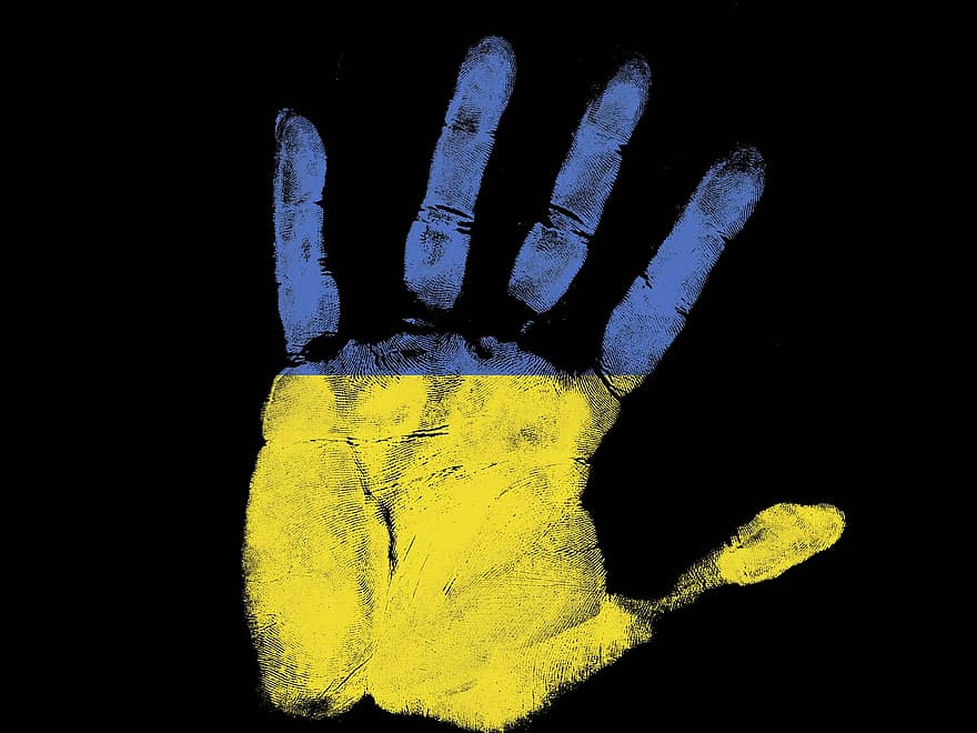 Flag, Hand, Symbol, Ukraine, Kiev, human hand, dirty, yellow, paint, backgrounds, stained
