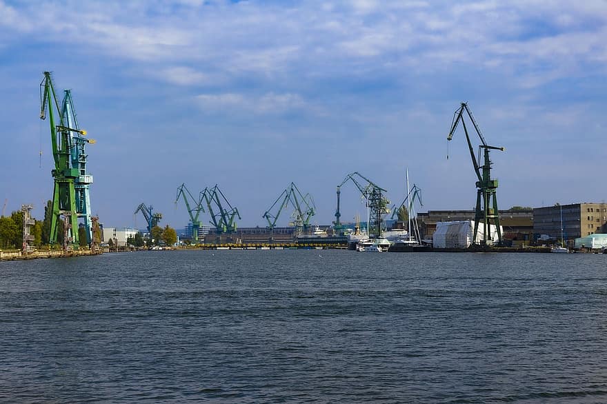 skibsværft, kraner, Gdańsk, Havn, læsserampe, hav, Polen, kran, byggemaskiner, kommerciel dock, Forsendelse