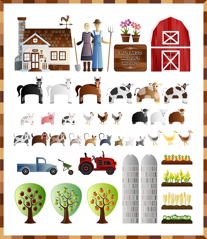 saimniecība, Farm Pack, Lauku saimniecības komplekts, lauksaimnieks, klēts, zieds, puķu podi, dzīvnieku, govs, zirgs, aitas