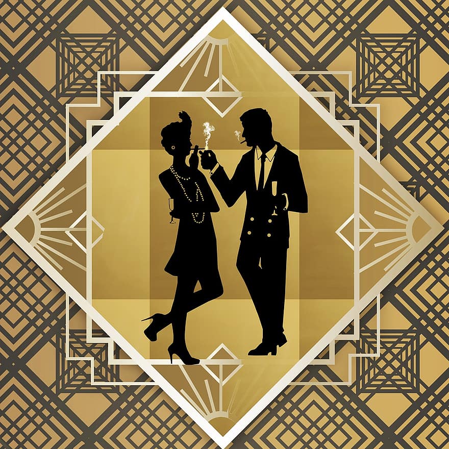 Ревуща двойка на двадесетте, Двойката Flapper, пушене, арт деко, перка, дим, 1920, форма, деко, дизайн, силует
