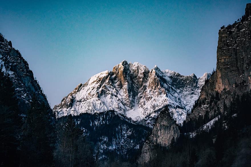 Itävalta, vuori, lumi, talvi-, Alpit, vuorenhuippu, maisema, metsä, vuorijono, rock, matkustaa
