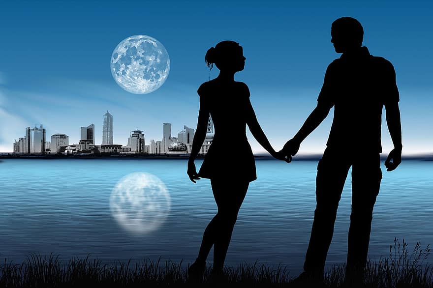 couple, silhouette, lune, l'horizon, Lac, réflexion, amour, romantique, nuit, pleine lune, paire