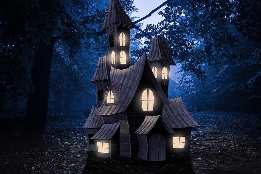halloween, kísértetház, erdő, éjszaka, ház, Lámpák, fák, sötét, poszter, háttér