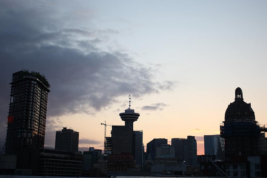 ciudad, edificios, puesta de sol, horizonte, rascacielos, urbano, céntrico, cielo, nubes, oscuridad, Vancouver