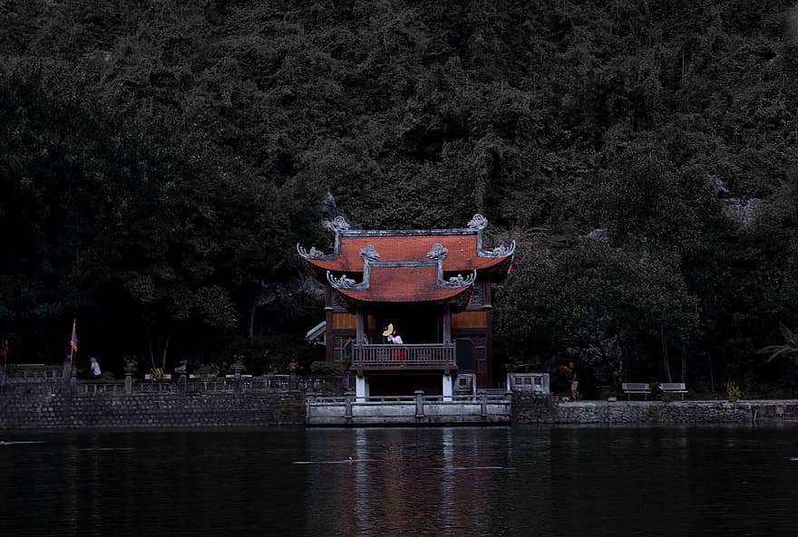 Lake, Building, Pagoda, Trees, Forest