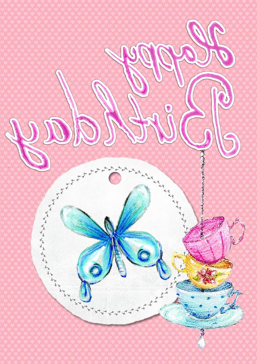 feliz, aniversário, cartão, cumprimento, Rosa, borboleta, xícara de chá, menina, celebração, evento, feliz Aniversário