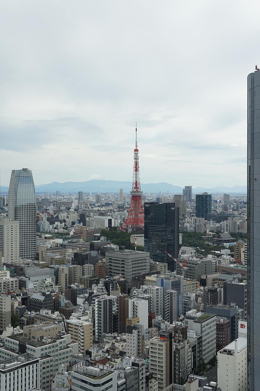 Miasto, podróżować, turystyka, Budynki, Azja, Tokio, góra Fuji, pejzaż miejski, wieżowiec, miejska linia horyzontu, znane miejsce