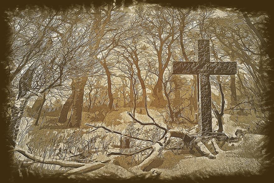 Cross, Graveyard, Forest, Postcard
