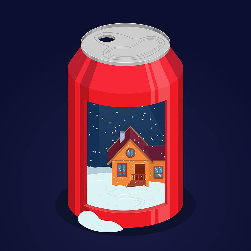 coca-cola, drink, Soda, mogą, kabina, dom, śnieg, zimowy, nowy Rok, Boże Narodzenie, grafika