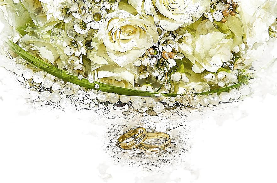 boeket, ring, trouwring, roos, groen, huwelijk