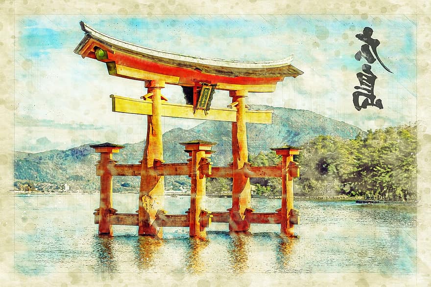japan, tempel, vatten, hiroshima, arkitektur, zen, resa, traditionell, helgedom, känd, landmärke