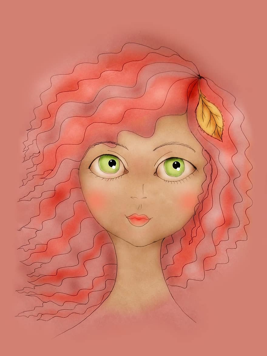 فتاة ، رسم فتاة ، عيون خضراء ، أحمر الشعر ، صورة ، الخريف ، الورقة في شعرها ، دمية طفل ، توضيح ، صور بنات