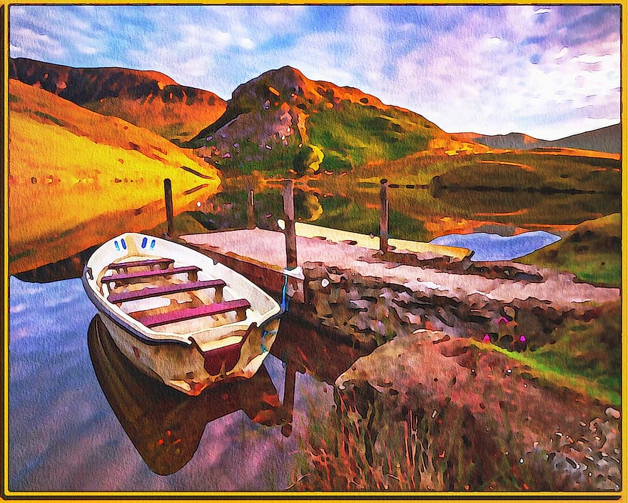 barca, lago, acquerello, aquarelle, pittura, artistico, natura, colorato