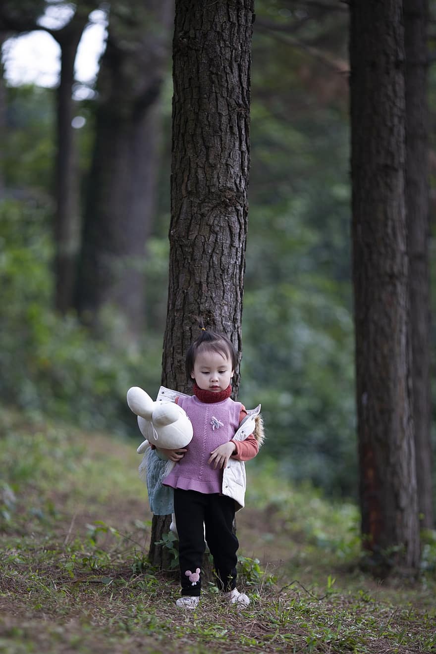 dívka, dítě, vycpaná hračka, móda, roztomilý, sama, venku, usmívající se, dětství, strom, les