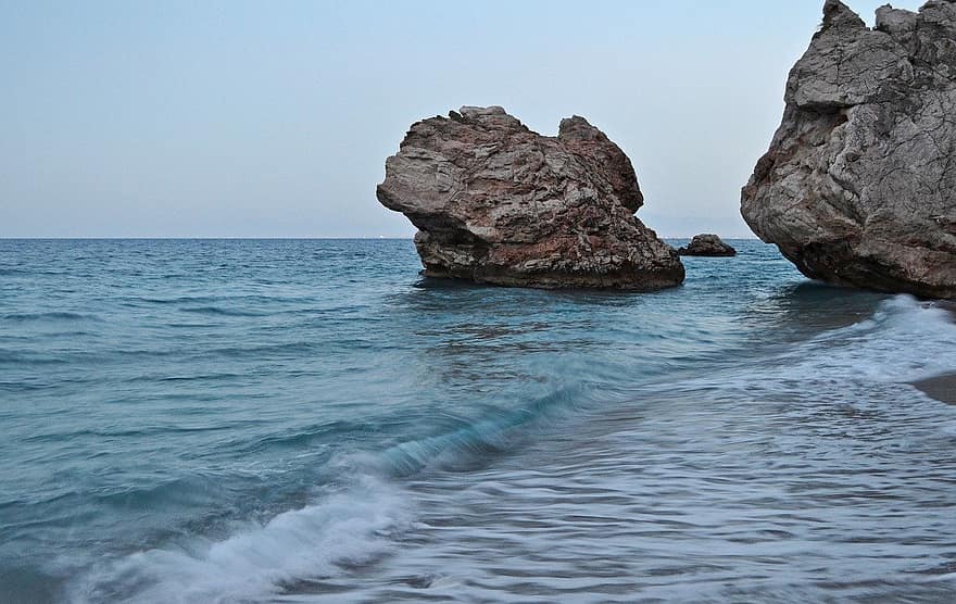 sea, beach, rocks, coastline, water, rock, object, summer, cliff, wave, blue