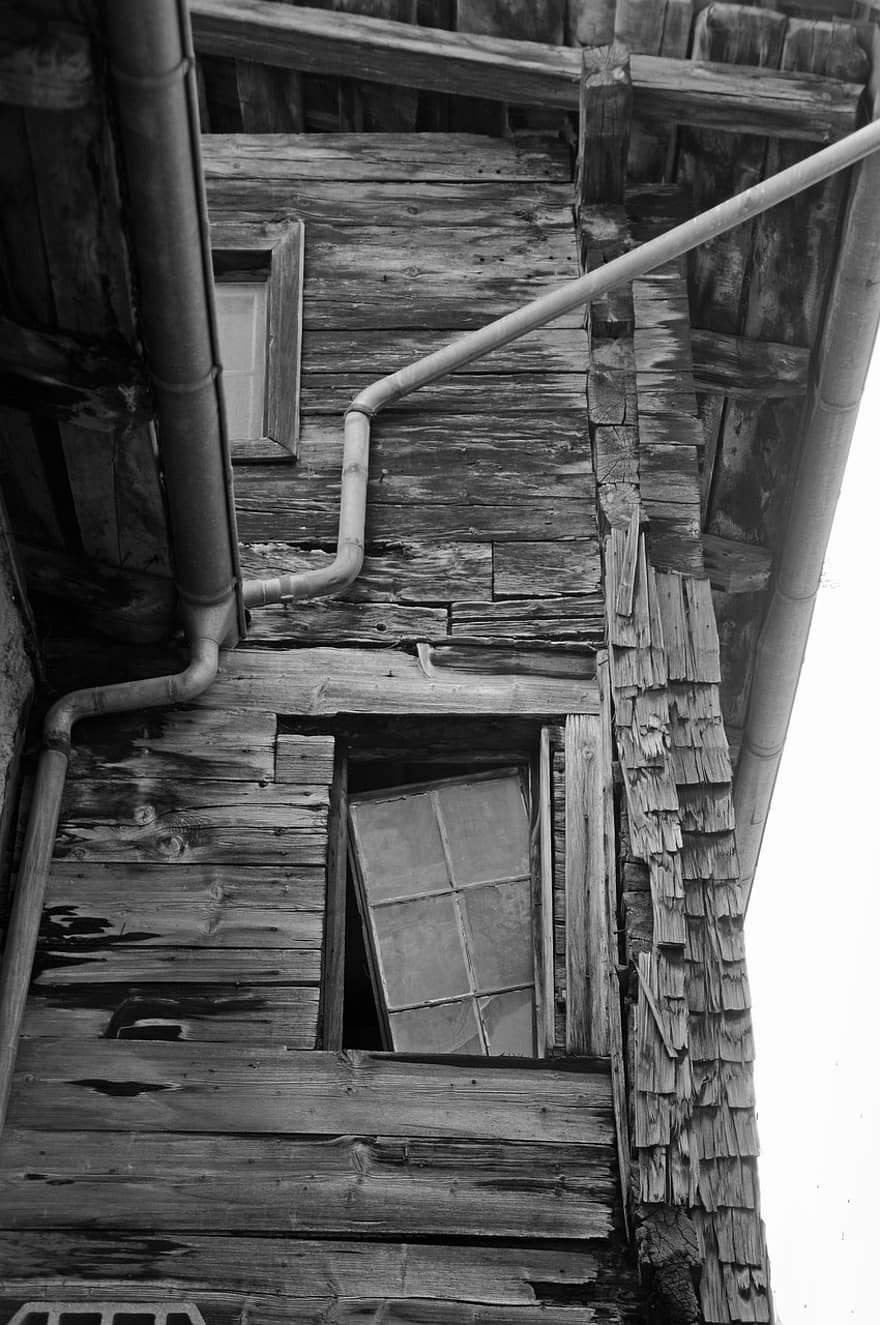 casa, fusta, finestra, blanc i negre, vell, abandonat, arquitectura, espatllat, resistent, trencat, obsoleta