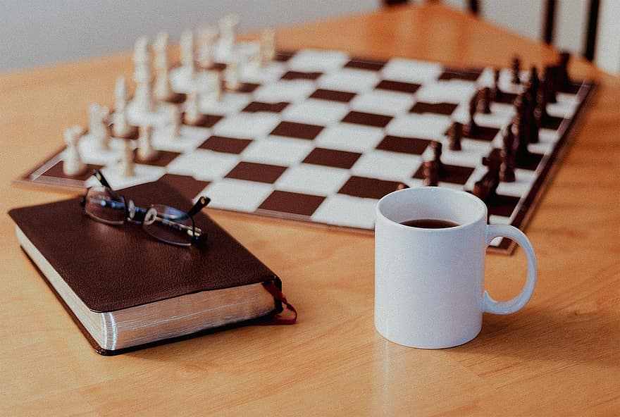 café, Biblia, ajedrez, libro, los anteojos, vaso, beber, cafeína, tablero de ajedrez, juego