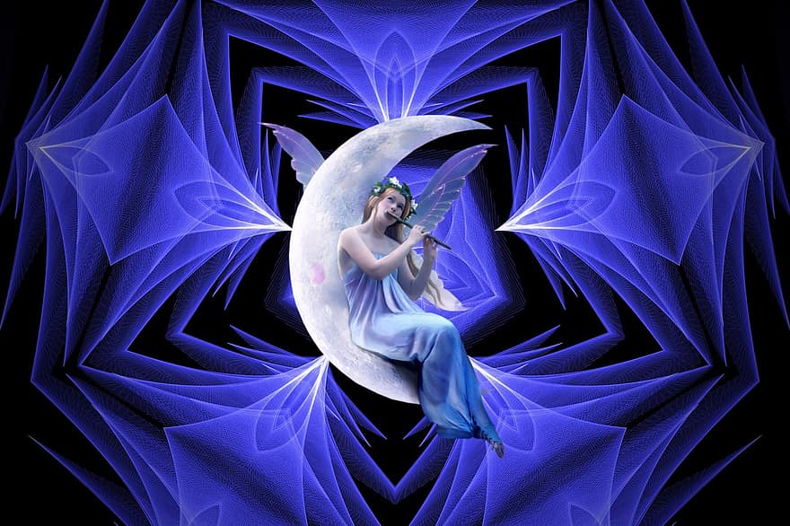 fons, disseny, blau, àngel, lluna, fantasia, femella, personatge, art digital