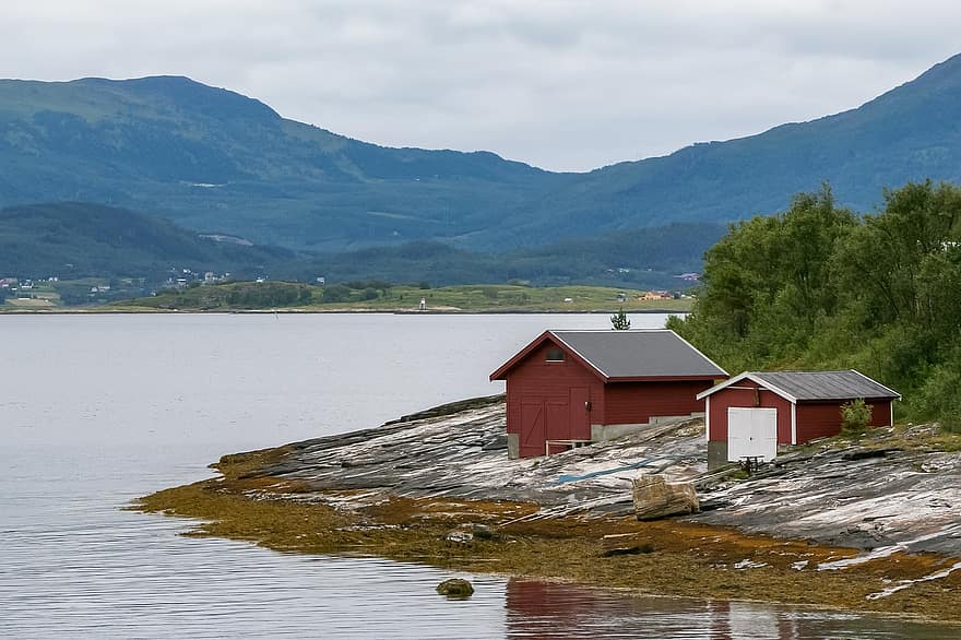 Boathouse, budynek, krajobraz, morze, śnieg z deszczem, alga, odpływ, Norwegia, Góra, woda, lato