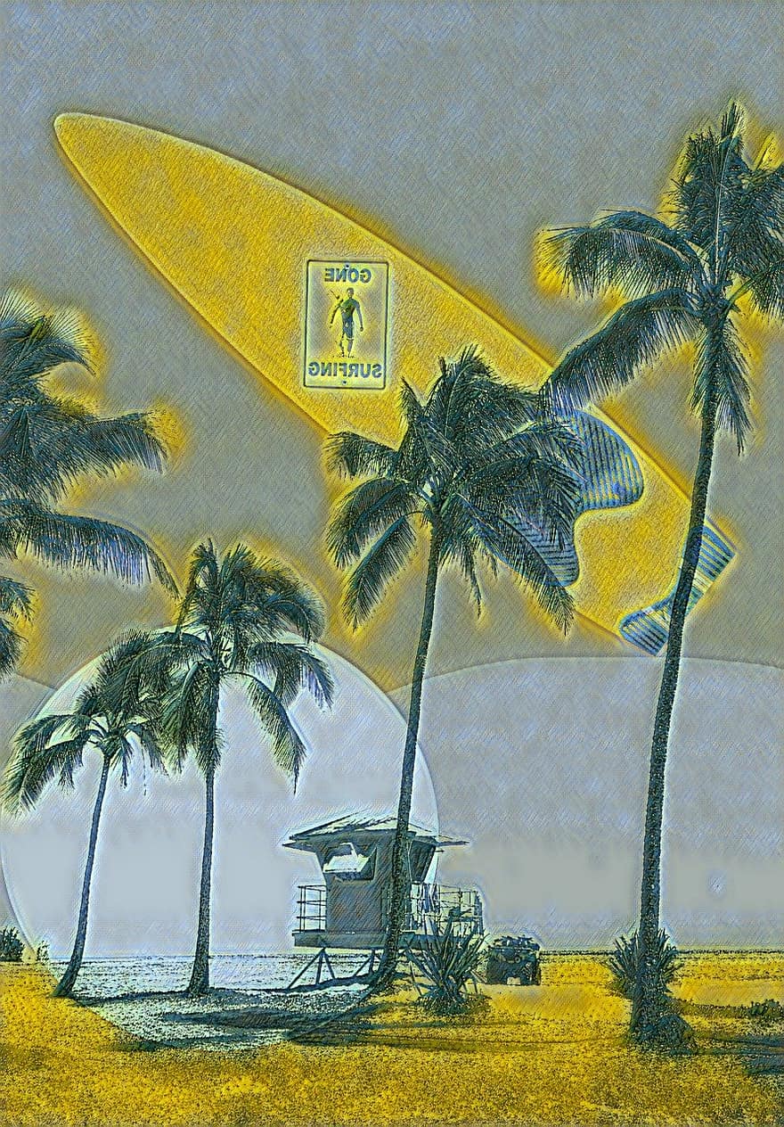 palmeras, playa, soporte de salvavidas, tabla de surf, Canal de televisión británico, arena, puesta de sol, Oceano, ilustración, palmera, árbol