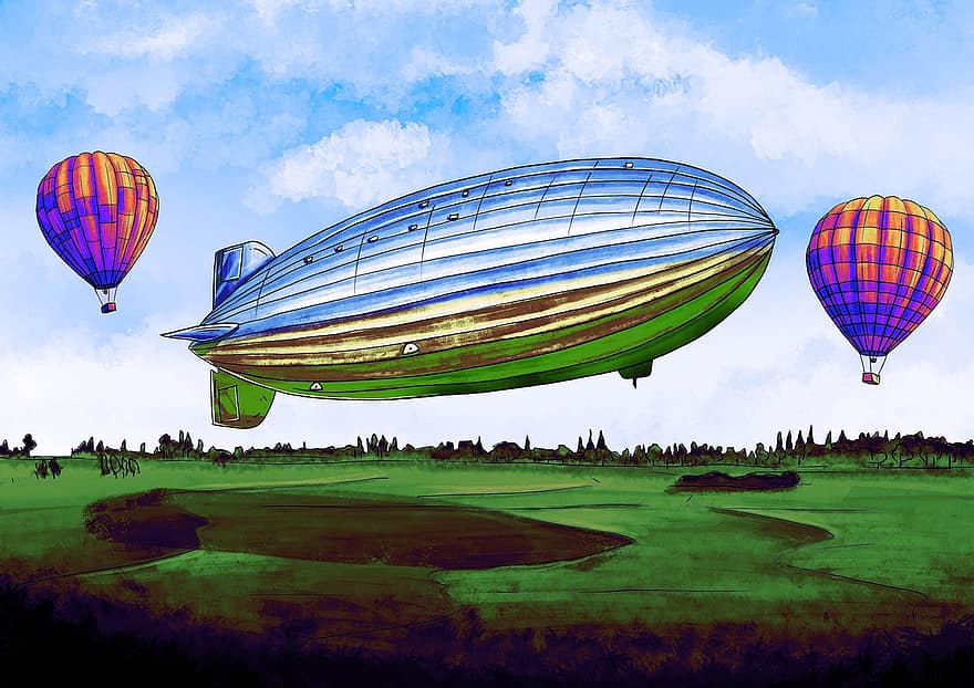 léghajó, Zepellin, hőlégballonok, mező, rét, hőlégballon, repülő, légi jármű, ballon, többszínű, kaland
