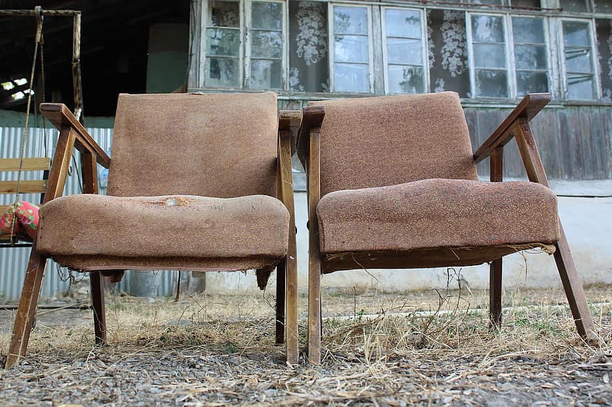 sillones, mueble, abandonado, antiguo, sillas